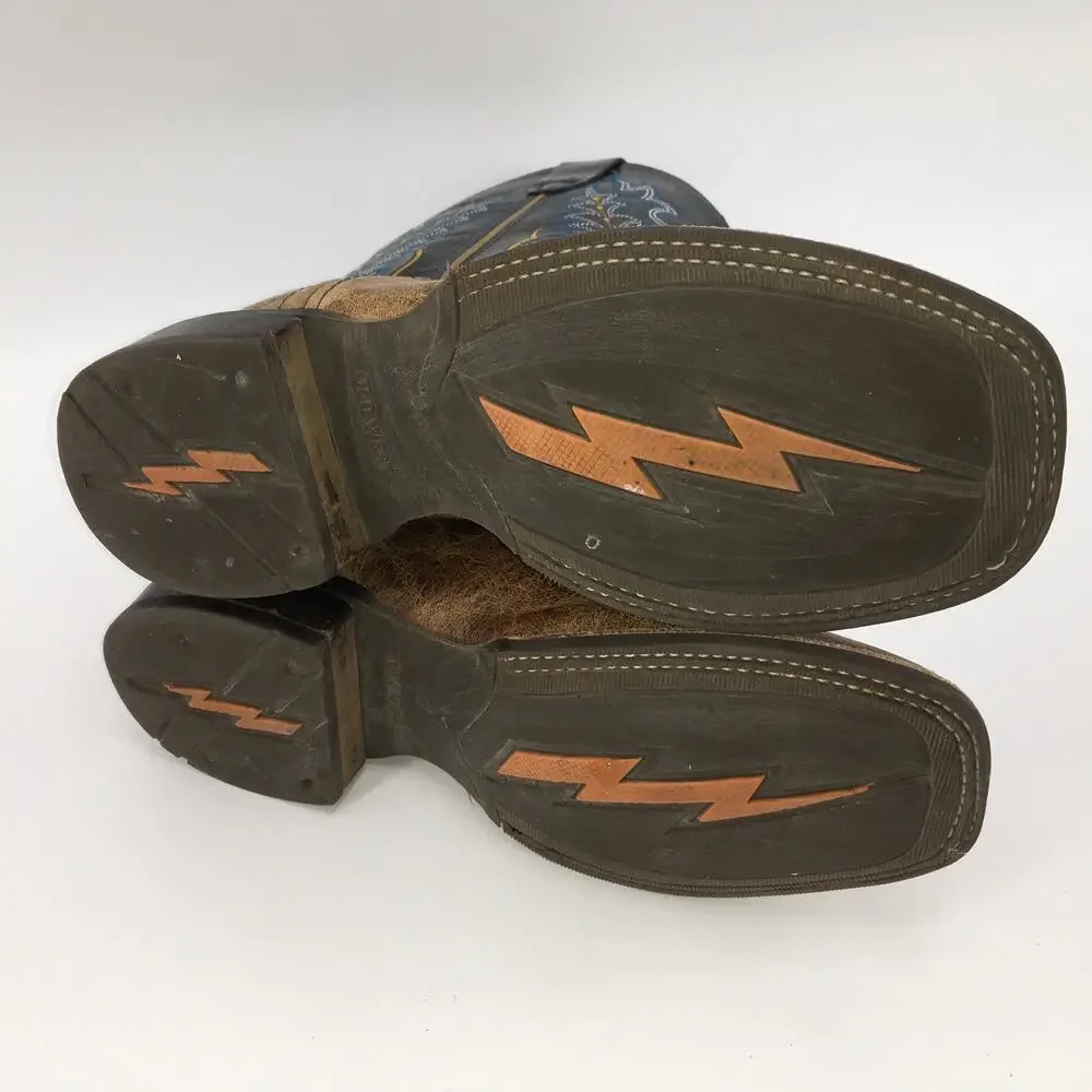 Old West Youth 3.5 D Blue Brown Square Toe Western Boots Cowboy Six-Row Stitch